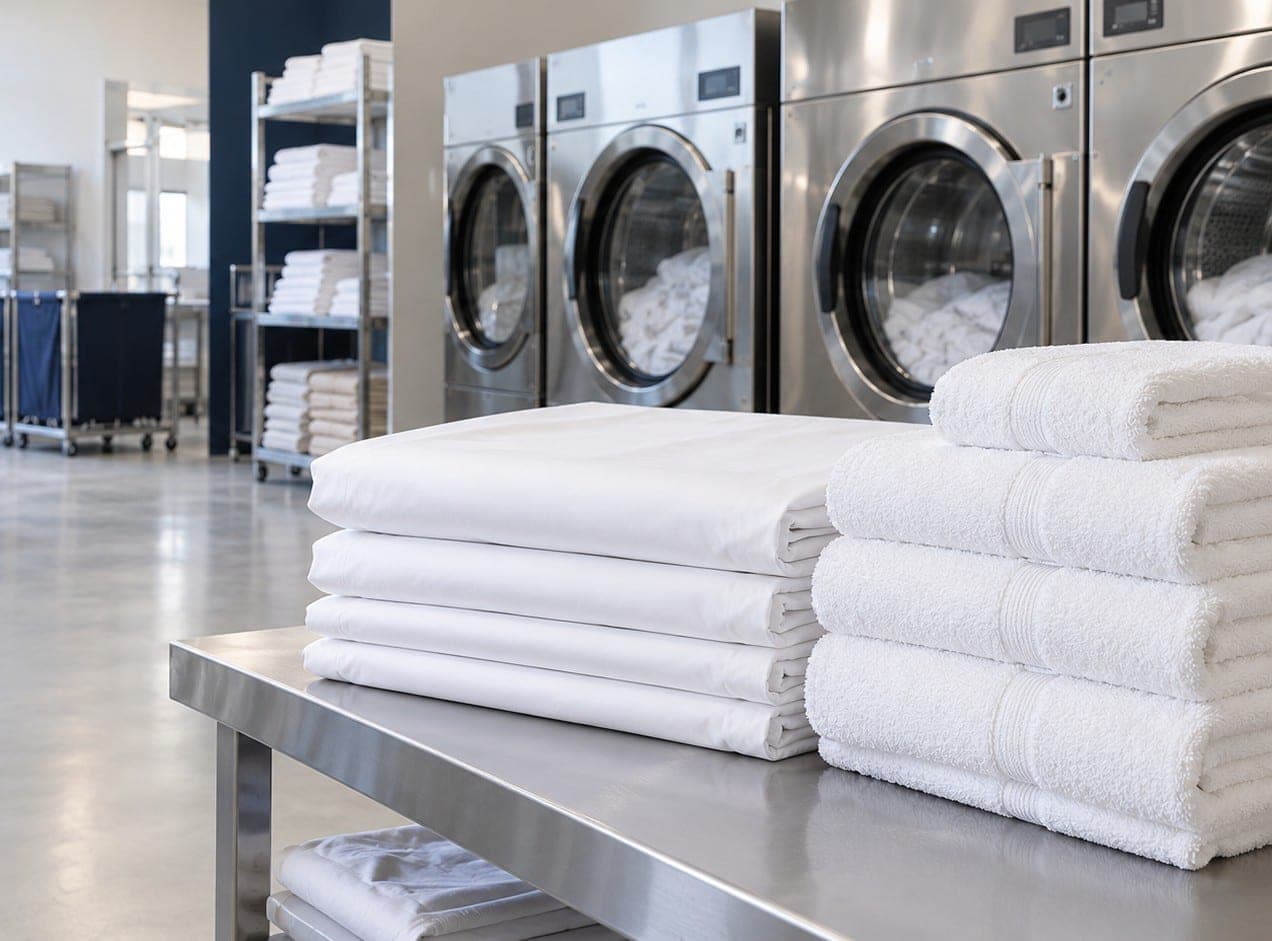 Folded white sheets and towels stacked on a stainless steel table in a commercial laundry